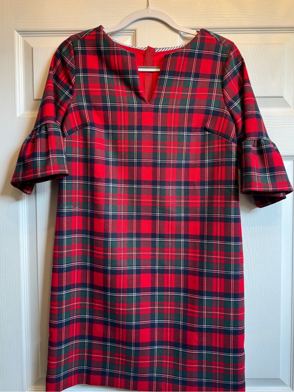 Vineyard Vines Red Plaid Shift Dress with Elbow Ruffle Sleeves
